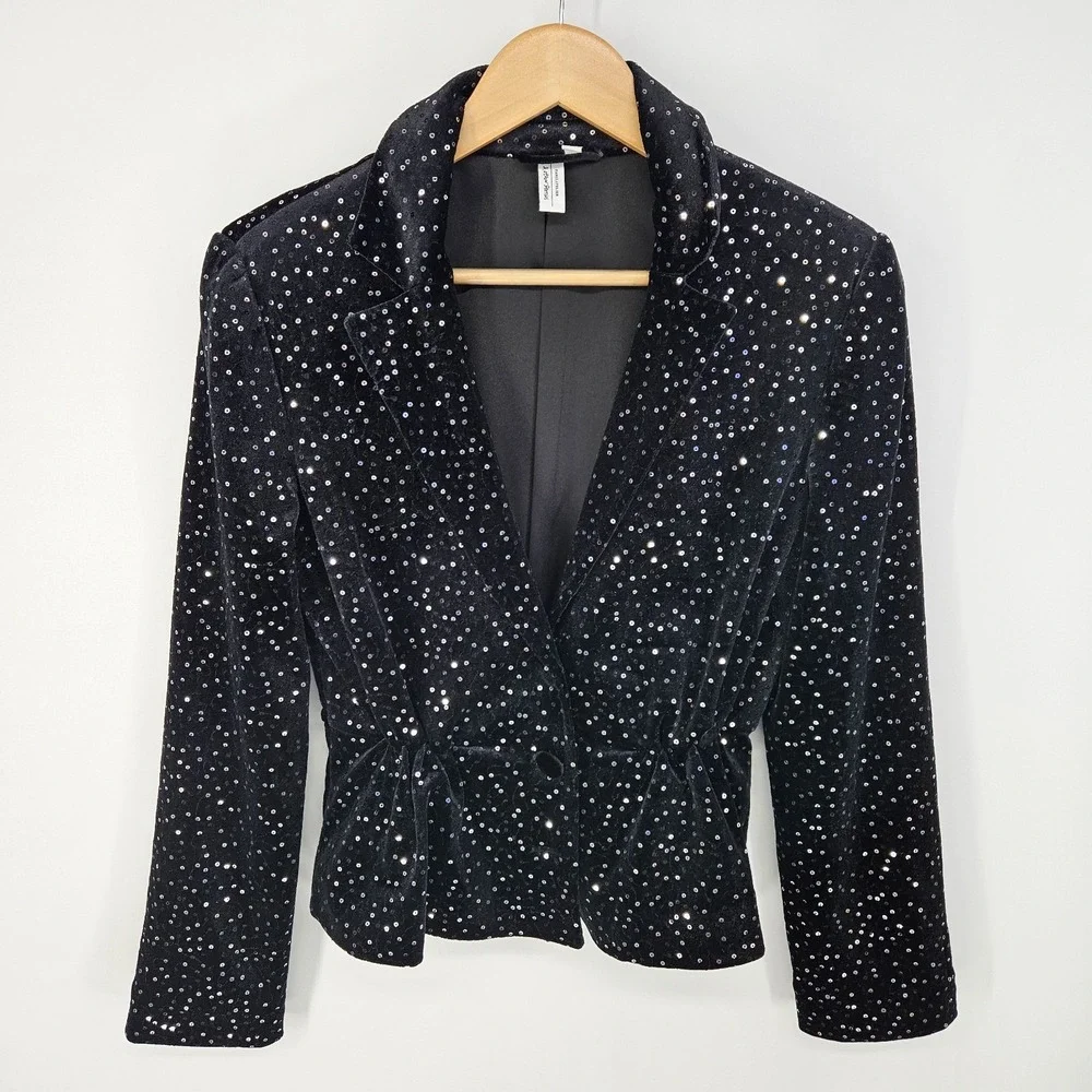 & Other Stories Paris Atelier Black Sequined Blazer Jacket Size 2 Padded Shoulde